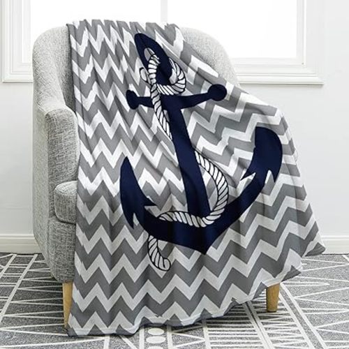 Jekeno Nautical Anchor Blanket Navy Tie Pattern with Gray and White Chevron Ripple Waves Print Gifts for Kids Boys Men Home Bedroom Living Room Decor Soft Cozy Lightweight Throw Blankets 50"x60"