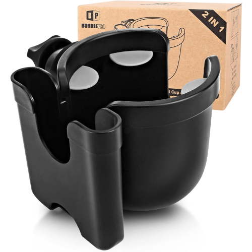 SIGUANG Universal Stroller Cup Holder with Mobile Phone Case, 2-in-1 Stroller Storage Rack, 360° Rotation Drink Holder for Bike/Pushchair/Wheelchair/Walker/Bicycle, Fits Most Cups