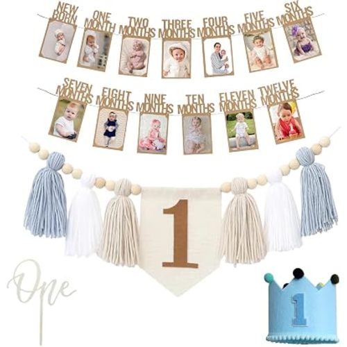 Baby First Birthday Party Decorations First Highchair Banner For Baby Boys Blue High Chair Banner Crown Cake Topper Baby Photo Banner 1st Birthday Photo Backdrop(Blue-1)