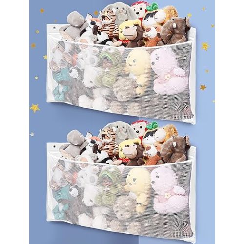 ANROYE 2PCS Large Corner Stuffed Animal Storage, Kids Plushies Toy White Wall Hammock for Girls Room, Baby Squishmallow Holder for Nursery, Organizer Idea for Bear Hanging Display Boy Gift
