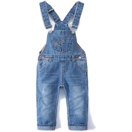 KIDSCOOL SPACE Little Girl Boy Jean Overalls,Toddler Ripped Denim Overall Pants