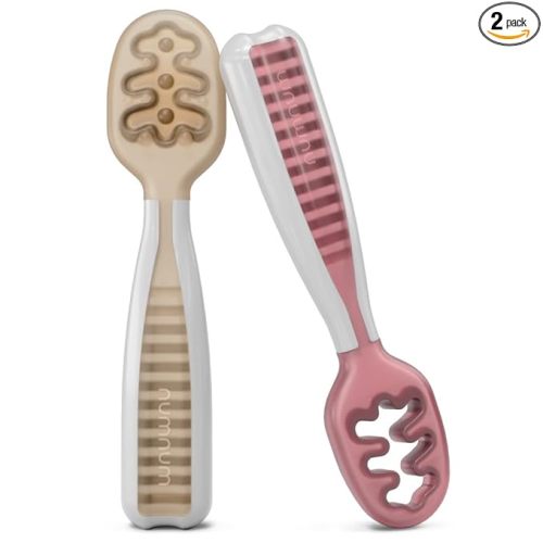 NumNum Baby Spoons Set, Baby Essentials Pre-Spoon GOOtensils for 6+ Months, First Stage Self-Feeding Spoons for Baby Led Weaning (BLW), Silicone Toddler Utensils, BPA-Free, 2 Pack Beige/Mauve
