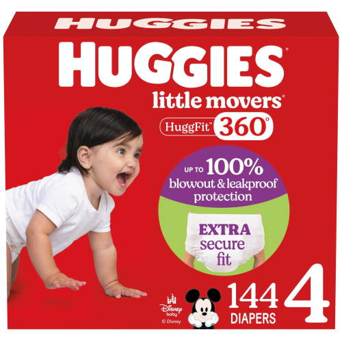 Huggies Little Movers HuggFit 360° Baby Diapers with 360° Waistband, Size 4 (22-37 lbs), 144 Count (Select for More)