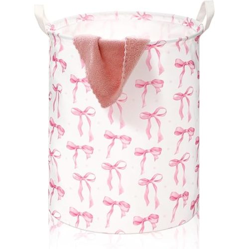 1 Pcs Coquette Pink Bow Laundry Basket Pink Bow Nursery Laundry Basket Hamper Waterproof Collapsible Storage Bin Organizer for Bedroom Bathroom Room Dorm Clothes Toys