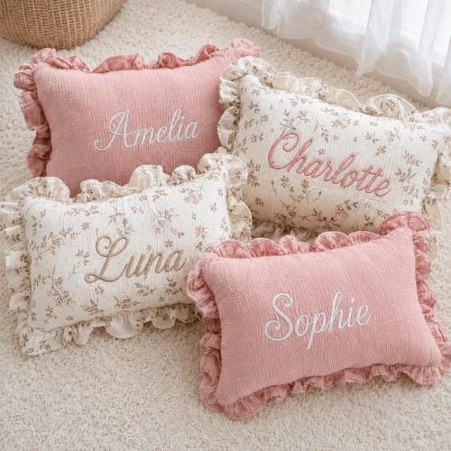 Embroidered Baby Name Pillow | Ruffled Linen Nursery Decor, Heirloom Toddler Sham