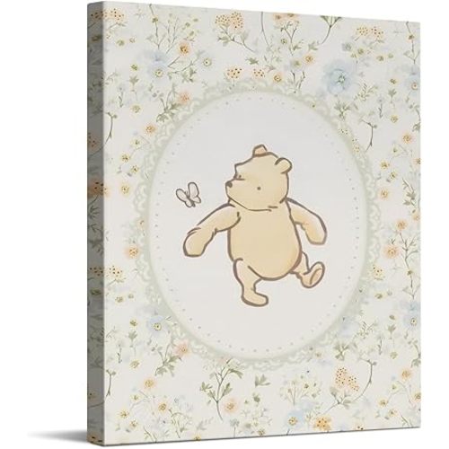 CYFDYVT Classic Winnie the Pooh Canvas Wall Art Vintage Floral Nursery Artwork Cute Pooh Bear with Butterfly Canvas Print Shabby Chic Bedroom Poster Wall Decor for Nursery Kid's room 8x10 inch