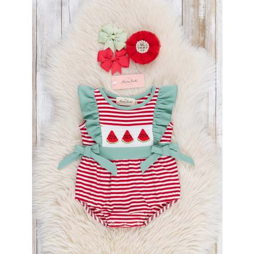 Watermelon Stripes Smocked Cotton Ruffle Bubble Romper