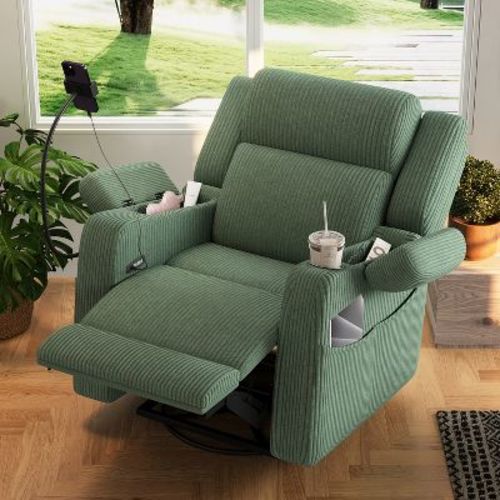 ModernLuxe Electric Power Recliner 270° Swivel Rocker Accent Chair Sofa Chair with Phone Holder, USB Port, Storage Arm, Side Pocket, Cup Holder, Green