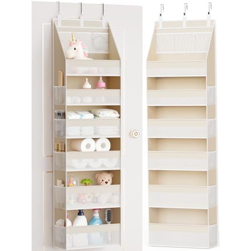 Criusia Over the Door Organizer, 6-Shelf Closet Hanging Storage with 13 Mesh Pockets, 55lbs Capacity Behind the Door Storage for Baby Nursery, Bathroom, Bedroom, and Dorm, Beige
