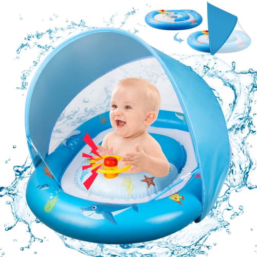 Qoosea Baby Pool Float, Swimming Floater with Detachable UPF Sun Canopy, Ocean-Themed Design