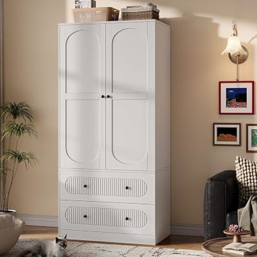 TOKSOM 2 Doors Freestanding Armoire Wardrobe Closet, 68.8" White Wardrobe Armoire Wooden Closet Large Capacity Storage with 2 Drawers & 1 Hanging Rod Shelf Clothes Organizer