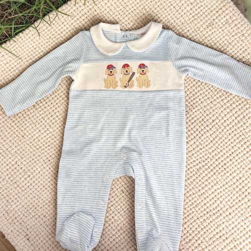 Striped Baby Boy Footie | Baseball Puppy Embroidered Outfit | Newborn Coming Home Outfit | Infant Romper