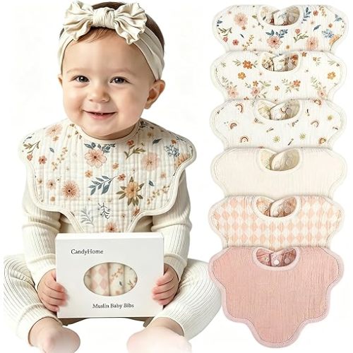 CandyHome Muslin Bibs for Baby Girl Boy 6 Pack, 100% Cotton Extra Soft Absorbent Bandana Baby Bibs for Drooling and Teething Toddler Baby Girl Newborn Essentials Gifts