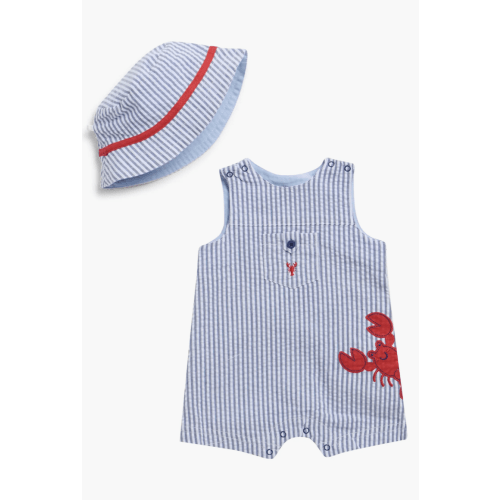 Lobster Detail Cotton Seersucker Shortalls & Hat Set - 3m