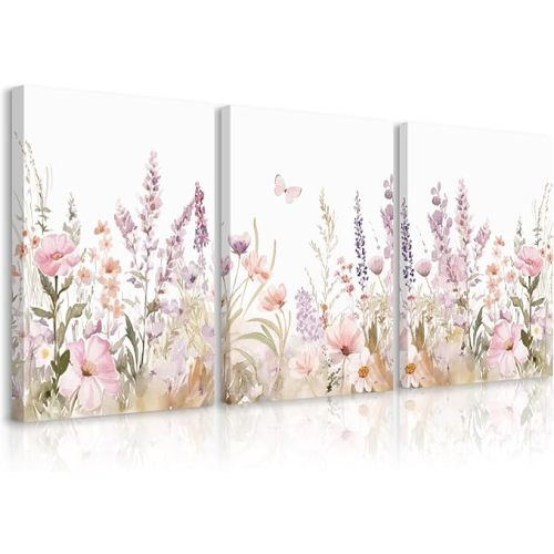 Nursery Girl Floral Wall Art Watercolor Wildflower Canvas Wall Decor Pruple Pink Flower Pictures Nursery Floral Art Prints Girl Room Wildflower Poster for Bedroom Bathroom 12x16x3 Inch Ready to Hang