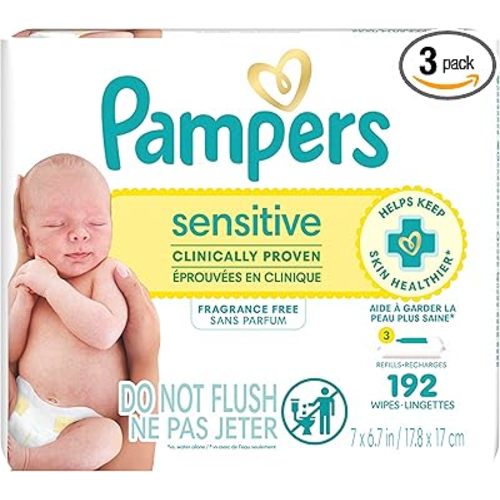Pampers Sensitive Baby Wipes, Water Based Baby Wipes, Fragrance Free and Hypoallergenic, 192 Wipes Total (3X Refill Packs) [Packaging May Vary]