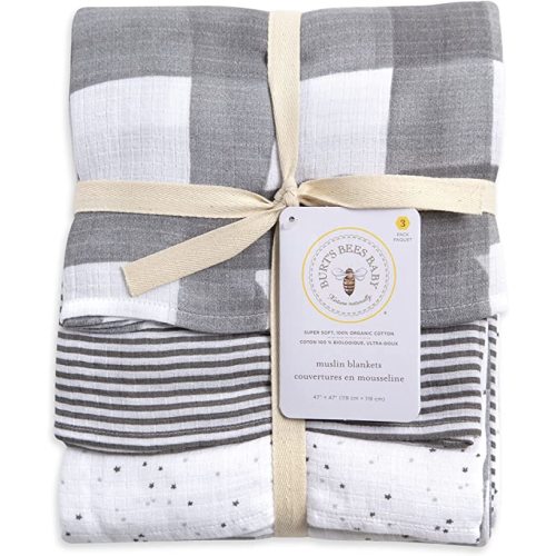 Burt's Bees Baby - Swaddles, Muslin Cotton Baby Blankets, 3-Pack, Multipurpose Lightweight & Breathable 100% Organic Cotton