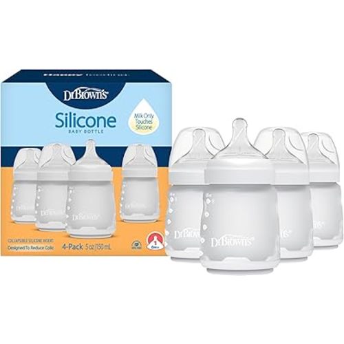 Dr. Brown's Silicone Baby Bottle with Collapsible Insert Designed to Reduce Colic, 5 oz with Wide-Neck Level 1 Slow Flow Nipple, BPA-Free, 0m+, White, 4-Pack