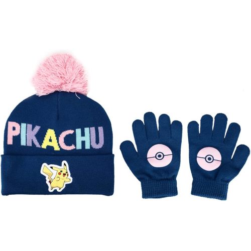 Pokemon Pikachu Kids Navy Knit Cuff Pom Beanie and Glove Set
