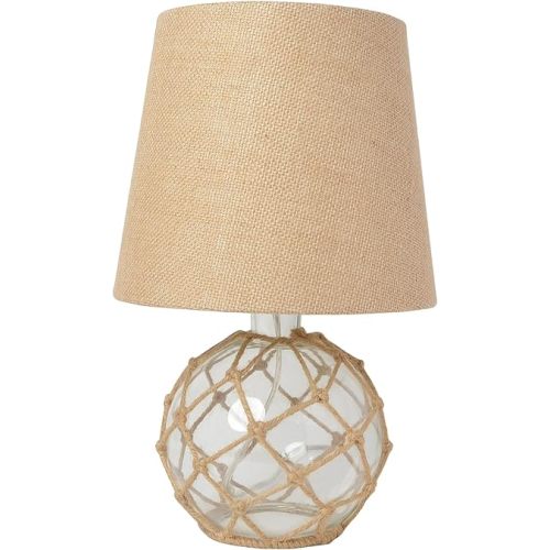 Elegant Designs LT1050-CLR Buoy Rope Nautical Netted Coastal Ocean Sea Glass Table Lamp with Burlap Fabric Shade, Clear