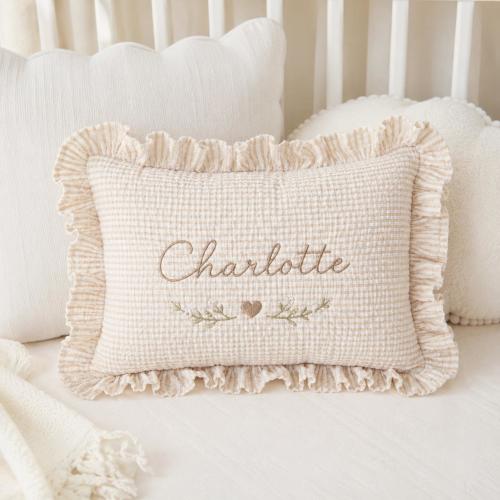 Personalized Baby Name Pillow with Ruffles, Custom Embroidered Linen Nursery Cushion, Newborn Keepsake Gift