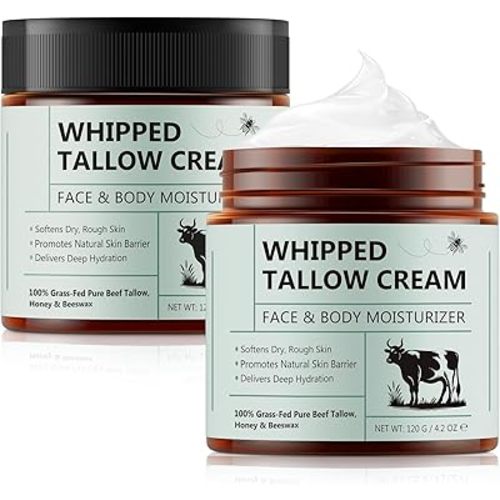Whipped Beef Tallow for Skin, Organic Face Moisturizer with Grass Fed Beef Tallow & Raw Honey, Deeply Moisturizes Face & Body, Reduces Skin Irritation and Sensitivity, 2 Pcs