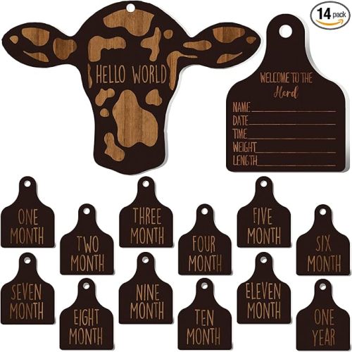 Maitys 14 Pieces Cow Baby Monthly Milestone Cards Rustic Wooden Ornament Herd Signs Cattle Newborn Photography Props to Record Your Baby's Growth, Gift for Pregnancy and Baby Shower (Black)