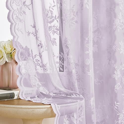 Light Purple Lace Curtains 84 Inches Long 2 Panels - Romantic Lilac Flower Sheer for Bedroom Living Room, Semi Sheer Rod Pocket Light Filtering Violet Lace for Girls Room Decor, 52x84