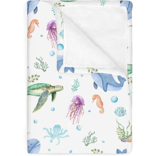 Boho Sea Animals Baby Blankets for Boy Girl Sea Horse Turtle Whale Jellyfish Coral Soft Flannel Nursery Bed Blanket for Infant Toddler Crib Coastal Marine Ocean Swaddle Receiving Blankets 30x40inch