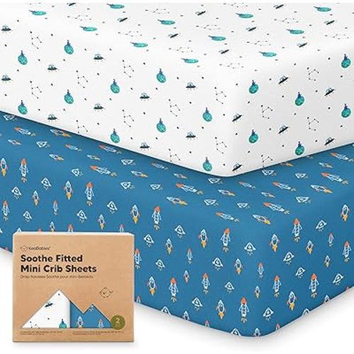 2-Pack Mini Crib Sheets Fitted - 38x26 Pack N Play Sheets for Pack and Play Mattress, Organic Cotton, Soft & Breathable Playard Bedding, Neutral Mini Toddler Bed Cover for Boys, Girls (Space Quest)