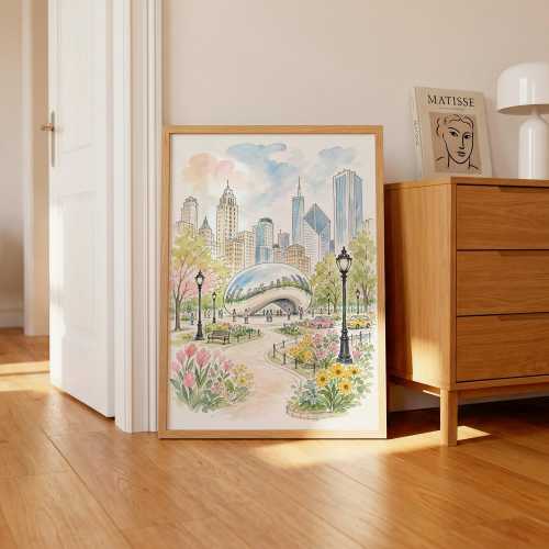 Chicago Cloud Gate Watercolor Print, Millennium Park Skyline Poster