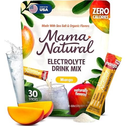 Mama Natural Electrolytes Powder Packets – Instant Hydration with natural Sea Salt, Potassium & Magnesium Glycinate – Sugar Free, Organic Mango Flavor – 30 Travel Sticks for Postpartum & Pregnancy