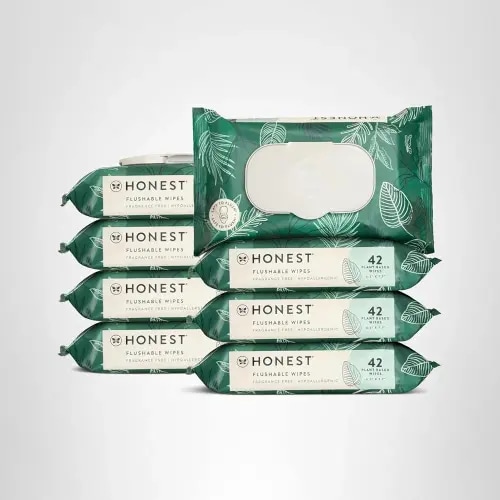 The Honest Company Flushable Wipes for Sensitive Skin | Fragrance Free, Hypoallergenic, 99% Water, Safe to Flush | pH Balanced Feminine Wipes | Tropical Leaves, 336 Count
