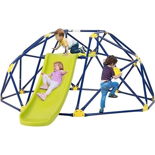 HONEY JOY Climbing Dome with Slide, 8FT Jungle Gym Monkey Bar for Backyard, Outdoor Climbing Toys for Toddlers Playground Equipment, Geometric Dome Climber for Kids Age 3-8, Gift for Boys Girls