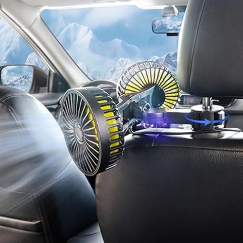 Car Fan, Dual Head USB Car Fans for backseat for kids, 3-Speed Air Speed and 360° Rotating Rear Seat Cooling Carseat Fan 5V Powerful Air Circulation Fan for Sedan SUV RV Truck