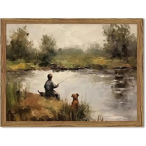 Vintage Wall Art, Boy Fishing Wall Decor Paintings, Dog and Boy Landscape Canvas Prints Vintage Country Farmhouse Artwork for Bedroom Living Room 24x16 inch Wood Framed