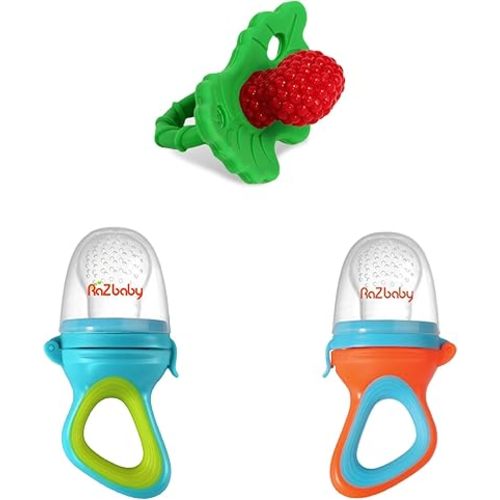 RaZbaby RaZberry Teether Red + Feeder 2-Pack Bundle - Soothe Sore Gums and Provide Teething Relief with Easy-to-Hold, BPA Free Teether Toy Bundle