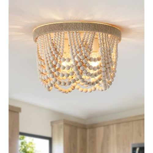 Wood Beaded Flush Mount Ceiling Light Farmhouse Rustic Small Boho Chandelier Light Fixture for Bedroom Hallway Entryway Closet Kitchen Dining Room Living Room Nursery 3-Lights