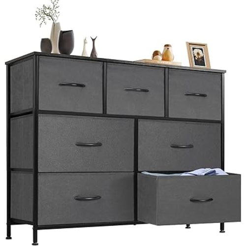 Sweetcrispy 7 Drawer Dresser Storage Organizer with Fabric Bins, Sturdy Steel Frame and Wood Top, Easy Pull Handles, for Bedroom Closet Hallway Entryway,Grey