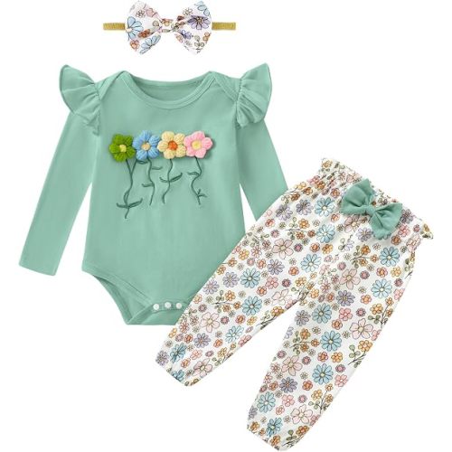 Baby Girl Outfits Long Sleeve Ruffle Romper and Pants Sets 0-18M