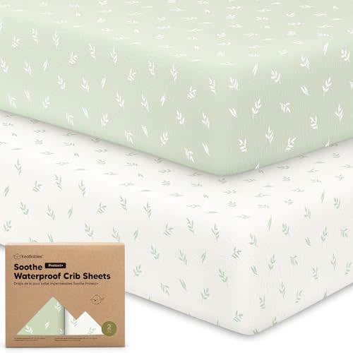 2-Pack Waterproof Crib Sheets for Boys, Girls - 52x28 Fitted Organic Cotton Baby Crib Sheets, Toddler Mattress Protector Cover, Washable, Soft & Durable Baby Bedding Essentials (Herb)