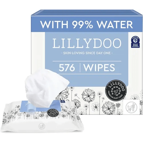 LILLYDOO Baby Wipes with 99% Water – Unscented, Hypoallergenic, Plant-Based, Strong & Plastic-Free, Compostable, 8 resealable Packs x 72 (576 Wipes Total)