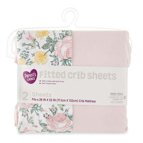 Parent's Choice 100% Cotton Fitted Crib Sheets For Baby Girls, Pink Floral, 2 Pack, Crib Bed