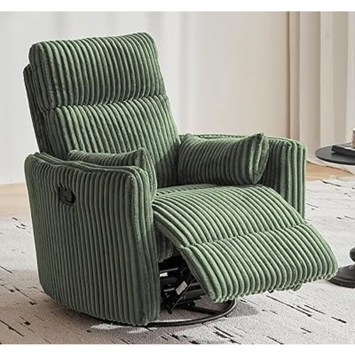 LINSY 360 Swivel Recliner Chair - Corduroy Nursery Glider Rocking Chair with 2 Pillows, Comfy High Back Adult Recliner for Small Spaces, Nursery Bedroom Living Room Reclining (Green)