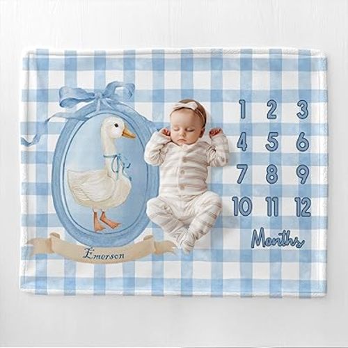 Printed in USA – Personalized Baby Milestone Blanket, Custom Goose Monthly Growth Blanket with Name, Blue Bow Newborn Photo Prop for Girls, First Year Keepsake