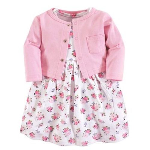 Luvable Friends Baby and Toddler Girl Dress and Cardigan 2pc Set, Pink Floral, 6-9 Months