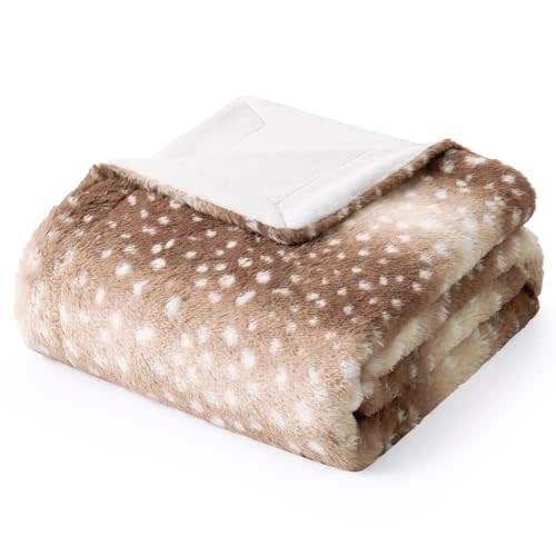 COZY KISS Soft Faux Fur Blanket for Woman Sofa Bed Couch, Liquid Pee Proof Throw for Large Dog or Cat, Waterproof Pet Blanket, Reversible Washable Plush, Double Sided, 50x60 in, Brown Deer Print