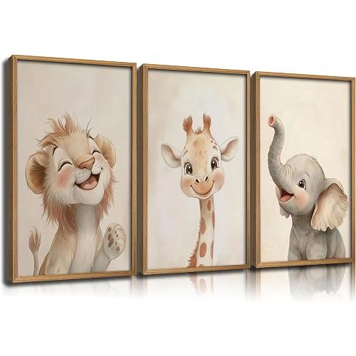 Safari Animals Nursery Wall Art Woodland Animals Nursery Wall Decor Cute Giraffe Elephant Lion Picture Painting Tropical Savanna Poster Print Artwork for Baby Room Boy Room Kids Room Decoration