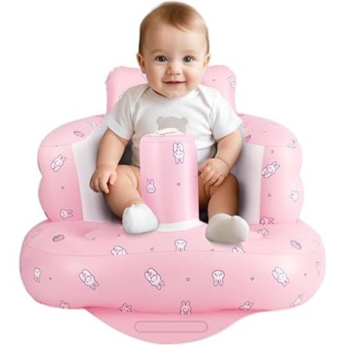 Inflatable Baby Chair, Inflatable Baby Seat for Babies 3 Months and Up, Summer Blow Up Chair with Built in Air Pump, Infant Floor Seats for Learning to Sit, Palying, Camping, Strawberry