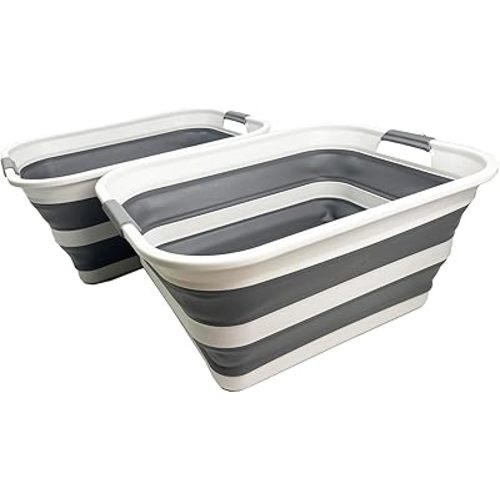 SMMART Collapsible Plastic Laundry Basket with Handle/Foldable Pop Up Storage Hamper/Portable Laundry Organizer-Space Saving Washing Tub/Household Storage Supplies (Grey/Steel Grey, 42L (Set of 2))